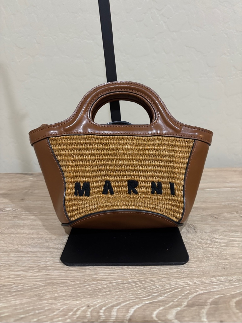 Marni Brown Leather & Straw Mini Tote with Black Logo